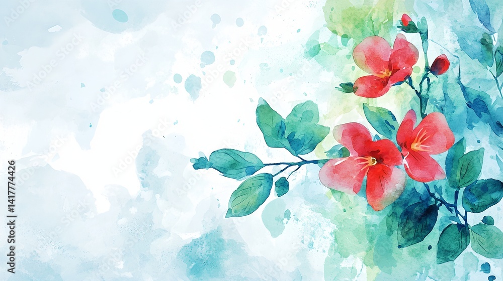 A watercolor painting of a red flower with green leaves