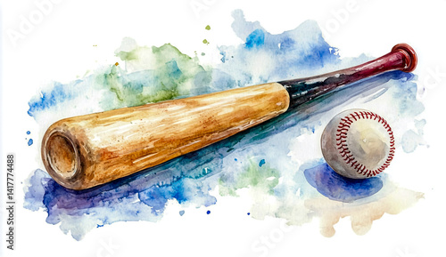 Watercolor baseball bat and ball illustration for sports equipment art and design projects usage online