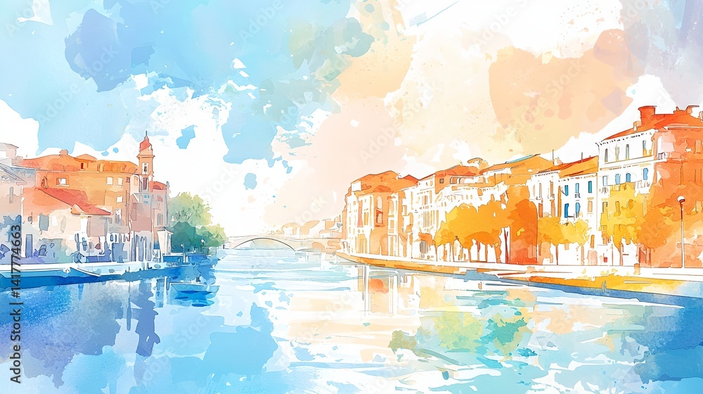 A painting of a city with a river running through it