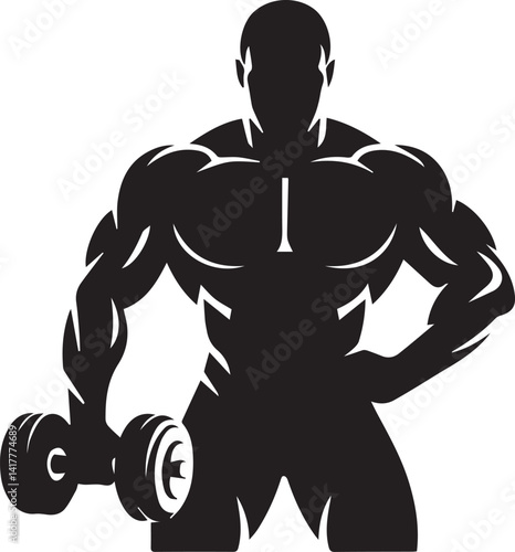 Bodybuilder silhouette with dumbbell isolated on white background. Vector illustration.