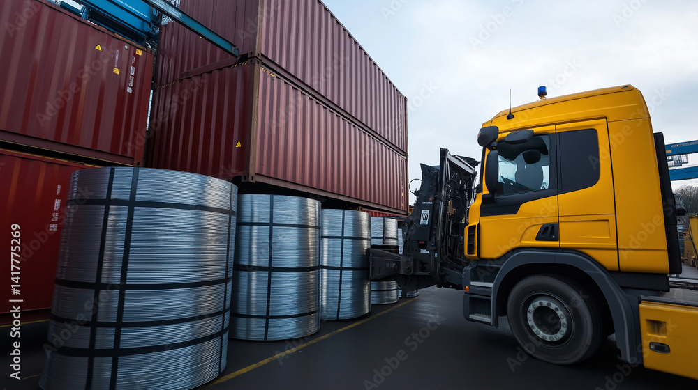 © Maksym Tereshchenko - Industrial warehouse with galvanized steel coils being loaded into shipping containers, highlighting the logistics and machinery involved in metal distribution © Maksym Tereshchenko - Industrial warehouse with galvanized steel coils being loaded into shipping containers, highlighting the logistics and machinery involved in metal distribution