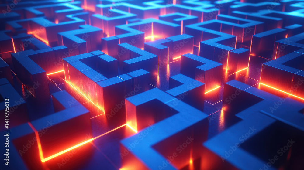 Abstract 3D Digital Maze with Glowing Neon Blue and Red Lights Abstract 3D Digital Maze with Glowing Neon Blue and Red Lights