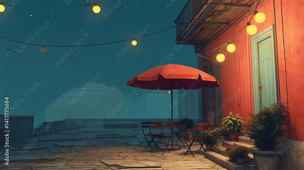 A red umbrella is on a patio with a red building