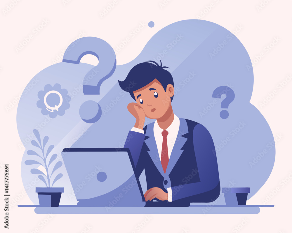 Contemplation and Doubt Uncertainty and Decision Making Concept with Businessman and Question Mark Contemplation and Doubt Uncertainty and Decision Making Concept with Businessman and Question Mark