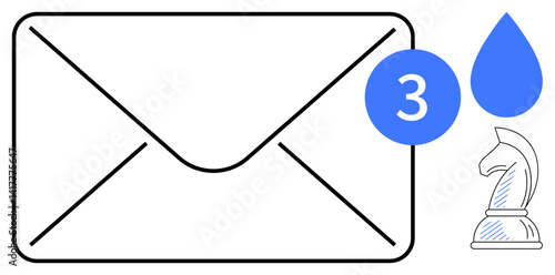 Envelope with notification badge, droplet symbol, and knight chess piece conveying themes of communication, strategy, decision-making, planning, problem-solving, teamwork and foresight. Ideal