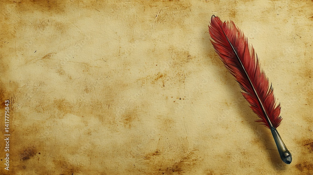 A feather is on a piece of paper with a brown background