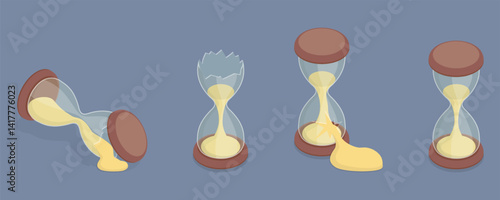Set of sandglass. Time is up, wasting time, procrastination, deadline or crisis concept. Broken, whole, and with flowing sand sandglass. 3d flat isometric vector illustration eps 10.
