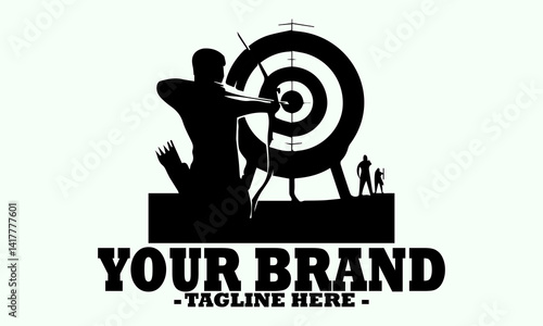 skilled archer drawing a bow and aiming an arrow towards a circular target. Silhouette archery athlete bow aiming, archer silhouette vector with white background and logo archery