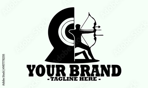 skilled archer drawing a bow and aiming an arrow towards a circular target. Silhouette archery athlete bow aiming, archer silhouette vector with white background and logo archery
