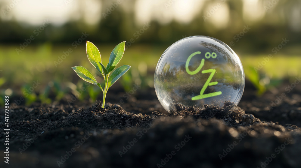 A transparent ball displaying the CO2 chemical formula rests on the earth, with vibrant green shoots emerging, illustrating the link between sustainability, carbon reduction, and e A transparent ball displaying the CO2 chemical formula rests on the earth, with vibrant green shoots emerging, illustrating the link between sustainability, carbon reduction, and e
