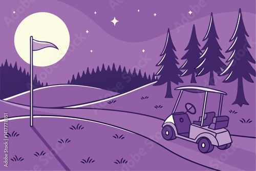 65 Night golf course, full moon, starry sky, cartoon style, vibrant colors, golf cart, flag pole, rolling hills, pine trees, glowing fireflies, purple path, tranquil landscape, fantasy atmosphere, dig