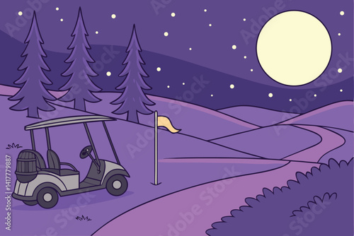 65 Night golf course, full moon, starry sky, cartoon style, vibrant colors, golf cart, flag pole, rolling hills, pine trees, glowing fireflies, purple path, tranquil landscape, fantasy atmosphere, dig