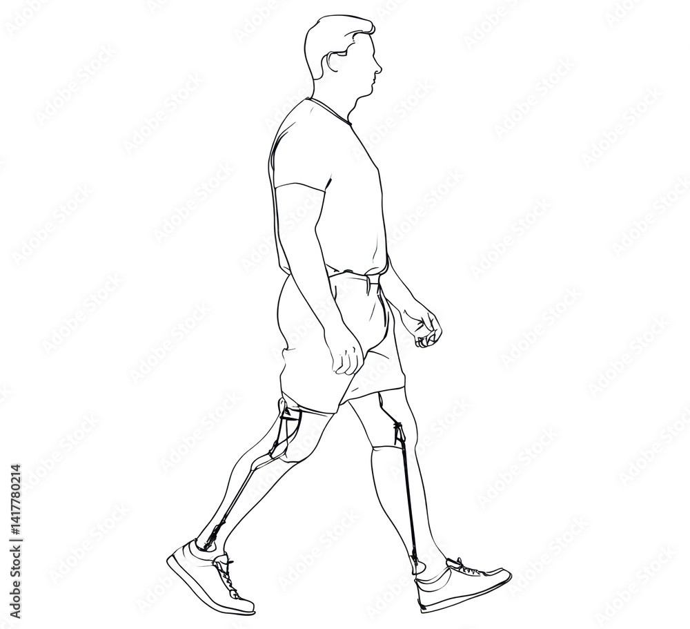 Walking man with prosthetic legs for health and mobility design Walking man with prosthetic legs for health and mobility design