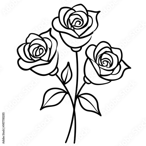 Wallpaper Mural Minimalist Hand-Drawn Rose Bouquet Line Art – Elegant Floral Sketch for Logos and Invitations, Line rose with leaves. Vector hand drawn Torontodigital.ca