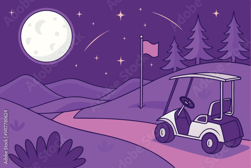 65 Night golf course, full moon, starry sky, cartoon style, vibrant colors, golf cart, flag pole, rolling hills, pine trees, glowing fireflies, purple path, tranquil landscape, fantasy atmosphere, dig