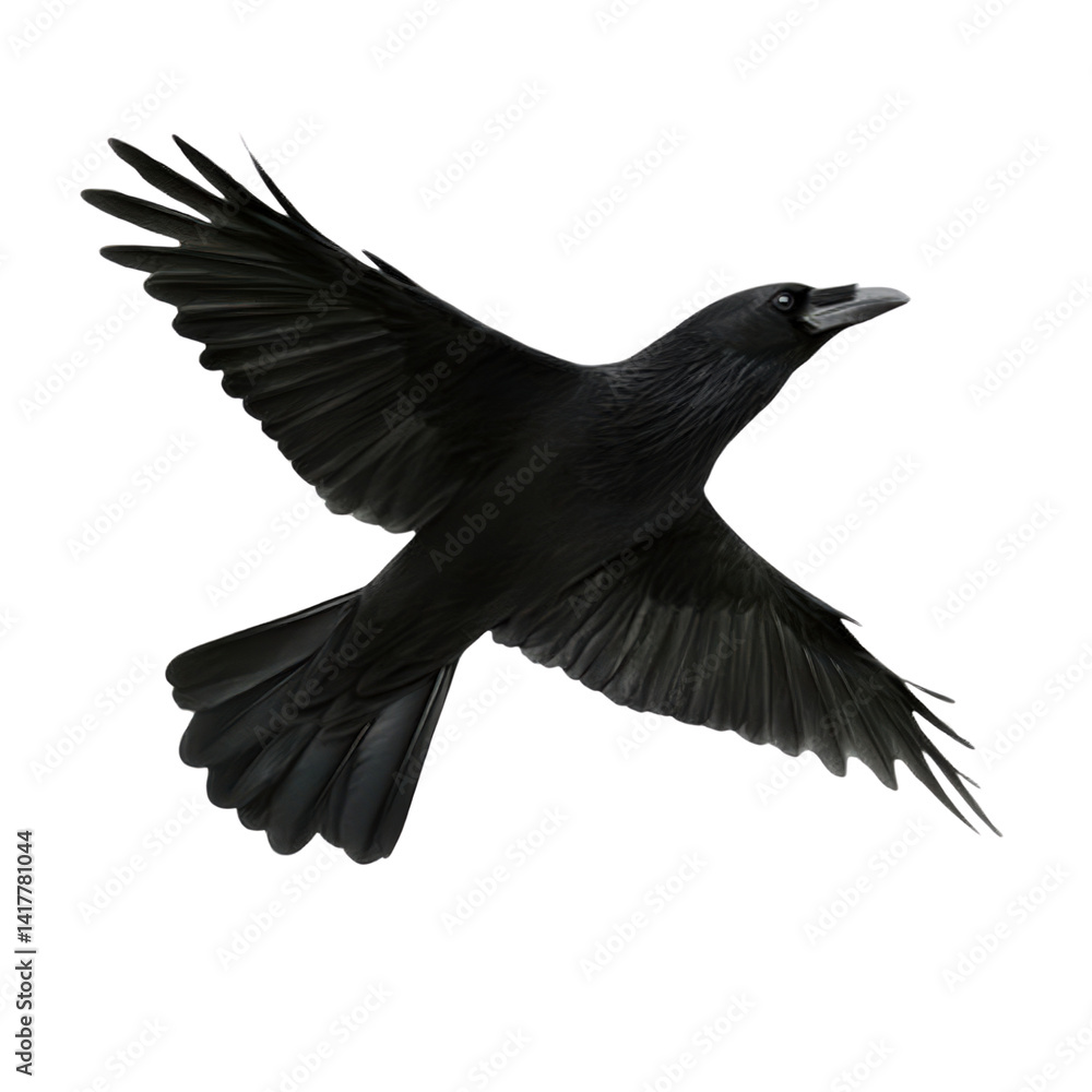 Obraz premium Black bird in flight with outstretched wings showing detailed feathers isolated on white background