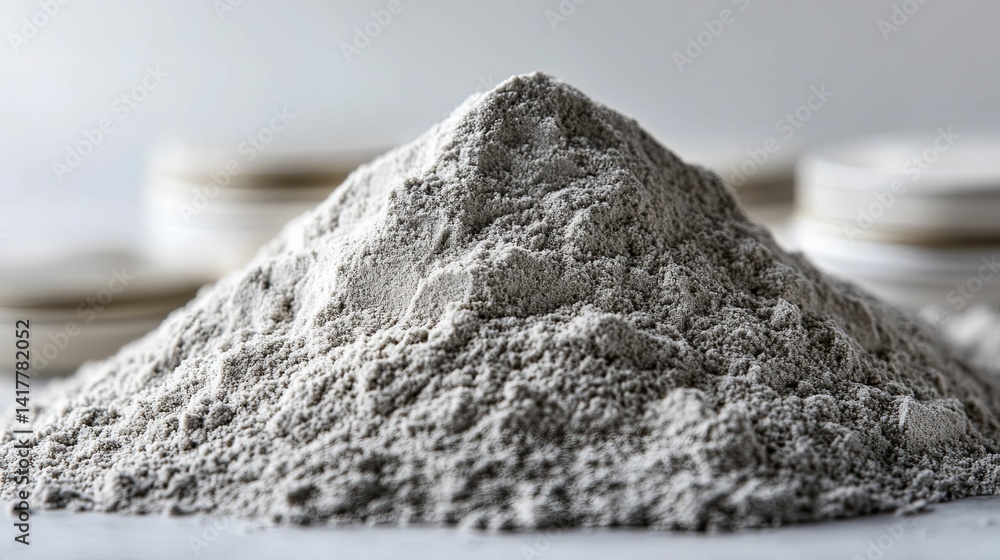 Grey powdered substance sits atop a surface. Grey powdered substance sits atop a surface.