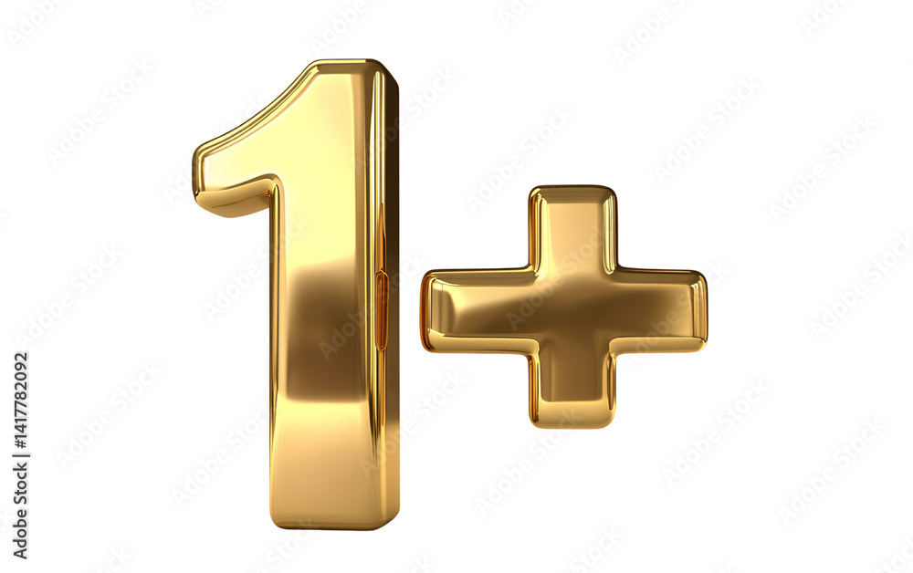 Obraz premium 3D golden number 1+ with a plus symbol, transparent background.png