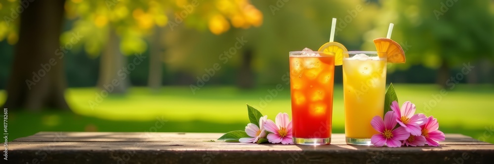Cold drinks and fresh blooms on a sunny park bench, beautiful, vibrant colors Cold drinks and fresh blooms on a sunny park bench, beautiful, vibrant colors