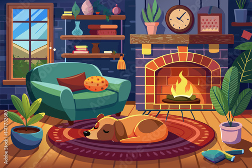 vector of Cozy living room scene with dog sleeping on pet bed near fireplace