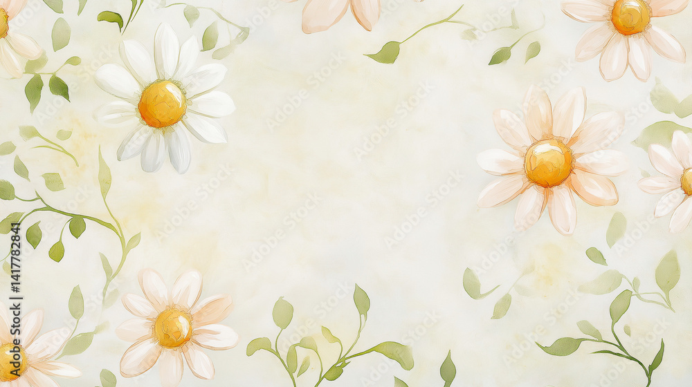 Fototapeta premium Light watercolor design featuring soft daisies and ivy leaves, perfect for dreamy themes