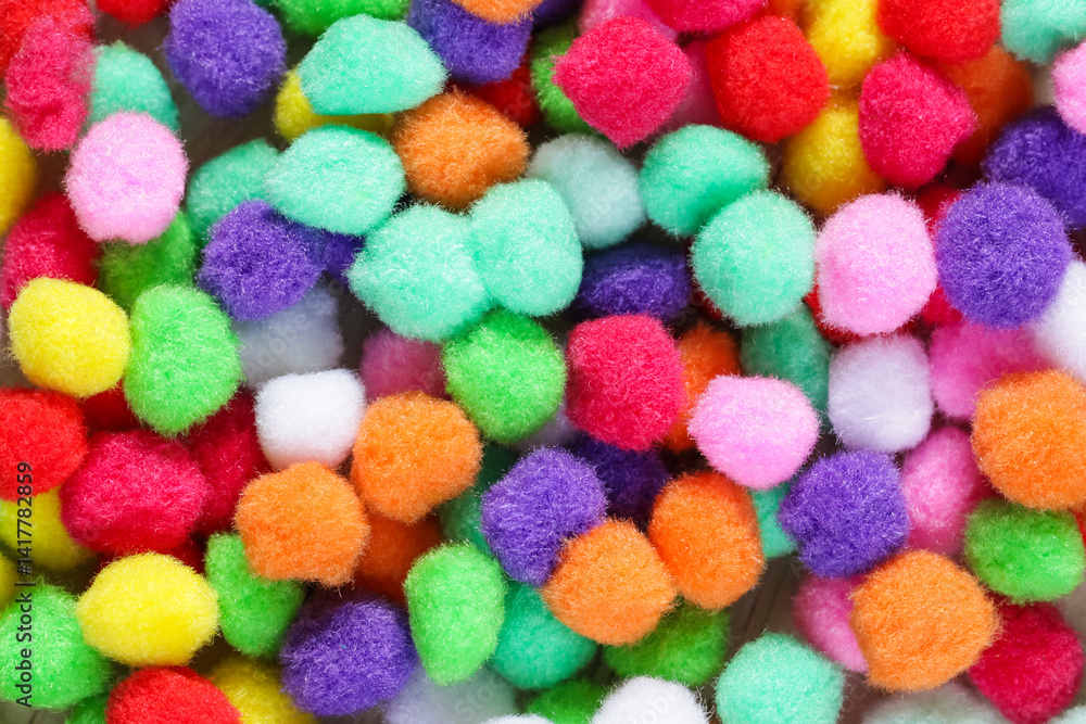 Colorful pom poms close up. DIY children home activity. Early education, fine motoric skills Colorful pom poms close up. DIY children home activity. Early education, fine motoric skills