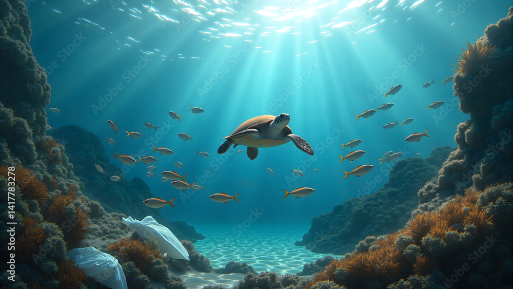 Obraz premium A sea turtle swims gracefully, sunlit turquoise water surrounded by coral reefs and small fish, with plastic bags on the sandy bottom, highlighting the contrast between marine life and pollution.