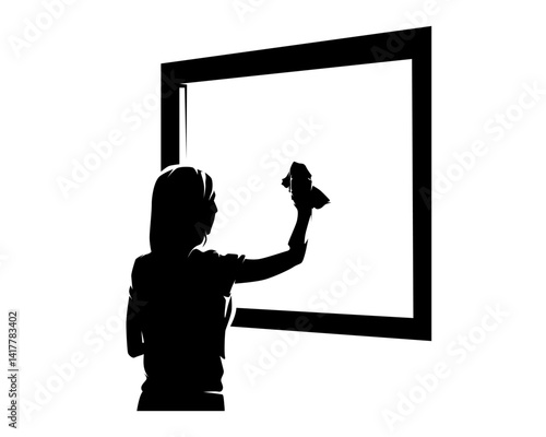 Woman cleans windows, domestic cleaning service, isolated vector silhouette, high contrast illustration