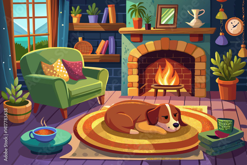 vector of Cozy living room scene with dog sleeping on pet bed near fireplace