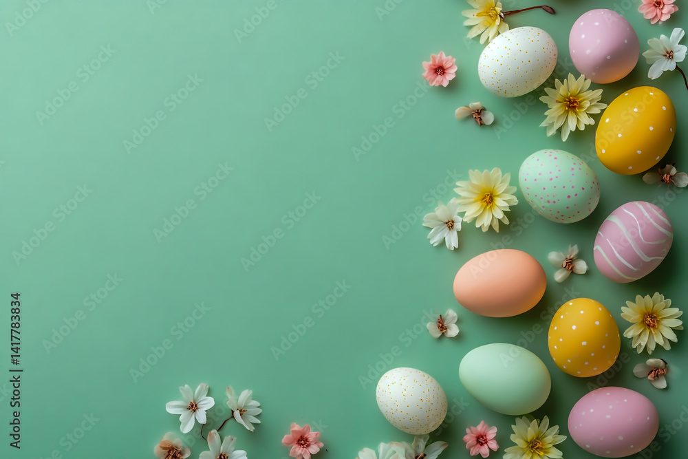 Easter background with pastel eggs and flowers on a green background, flat lay top view, copy space, banner photo collage Easter background with pastel eggs and flowers on a green background, flat lay top view, copy space, banner photo collage