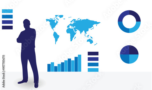 Silhouette of Business Man with World Map and Sales Graphs in Background. White collar work and people vector art