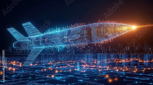 A futuristic digital missile design projected over a cityscape with glowing circuitry and vibrant lights, symbolizing advanced technology and innovation.