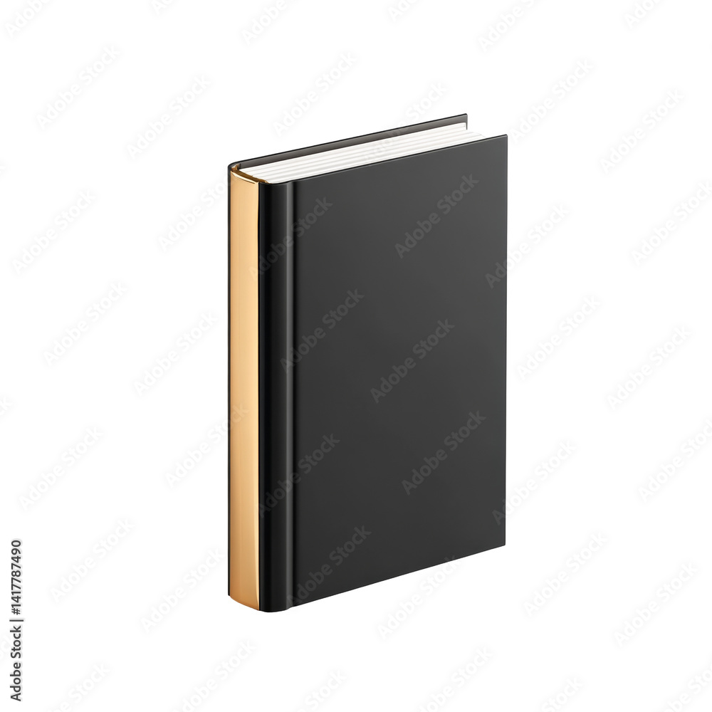 Closed black book with golden edges standing upright on a flat surface Closed black book with golden edges standing upright on a flat surface