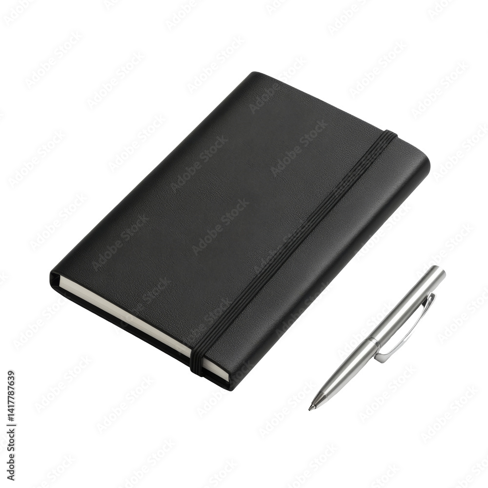 Closed black notebook with elastic band and silver pen on display Closed black notebook with elastic band and silver pen on display