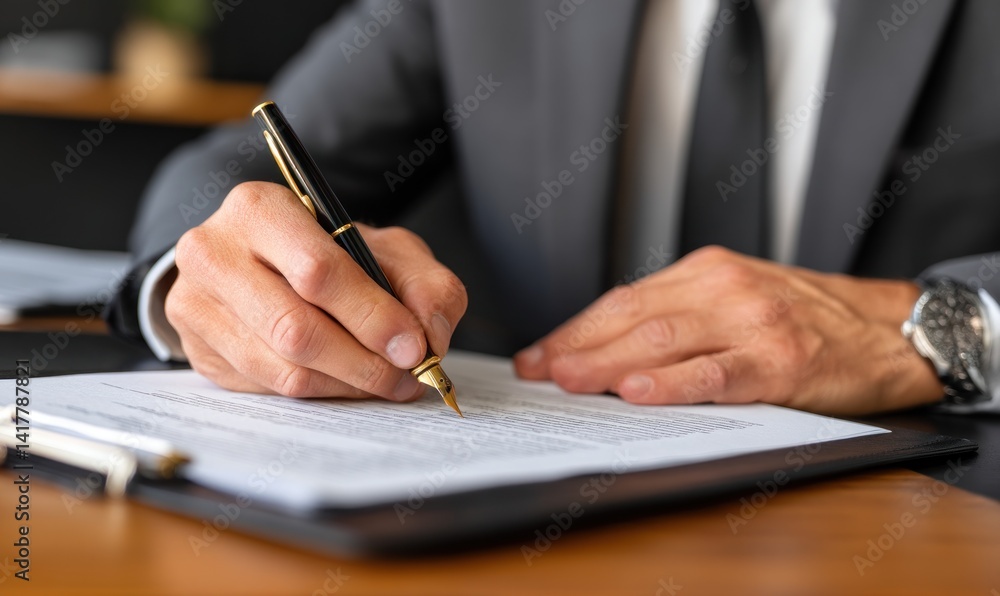 Close-up of a man signing a document Close-up of a man signing a document