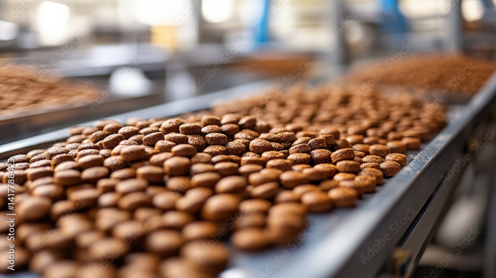 Fototapeta premium Rows of freshly baked cookies cooling on trays in a busy bakery with blurred kitchen background