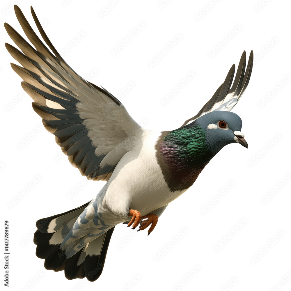 Fototapeta premium Detailed image of a flying pigeon with fully spread wings showcasing its feathers and natural colors in motion, isolated on a white background