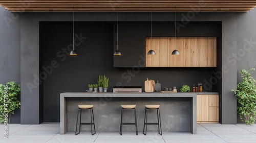 Wallpaper Mural Rooftop outdoor kitchen with loft design featuring a concrete prep zone, minimal seating, and modern lighting Torontodigital.ca