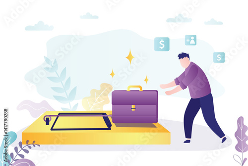 Briefcase in mousetrap. Bait for business people. Concept of fake job offer, mistake, trap with fraud or illegal work. Dangerous, corporate slavery. Risk management.