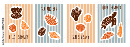 Collection of four colorful summer postcards with hand-drawn sea creatures and shells on striped backgrounds. Includes coral, seashells, and a turtle with phrases like Hello Summer, Sea and Sun.