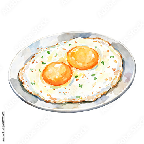 Sunny Side Up Egg on Plate Breakfast Watercolor Illustration Isolated Hand Drawn Watercolor Painting Illustration