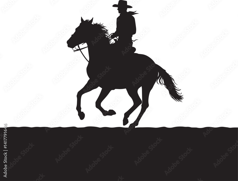 Naklejka premium Black and White Silhouette of Cowboy Riding Horse – Western Galloping Rider in Sunset Horizon