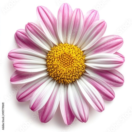 Beautiful Pink and White Flower with Yellow Center, Close-Up of Floral Petals and Texture Against White Background