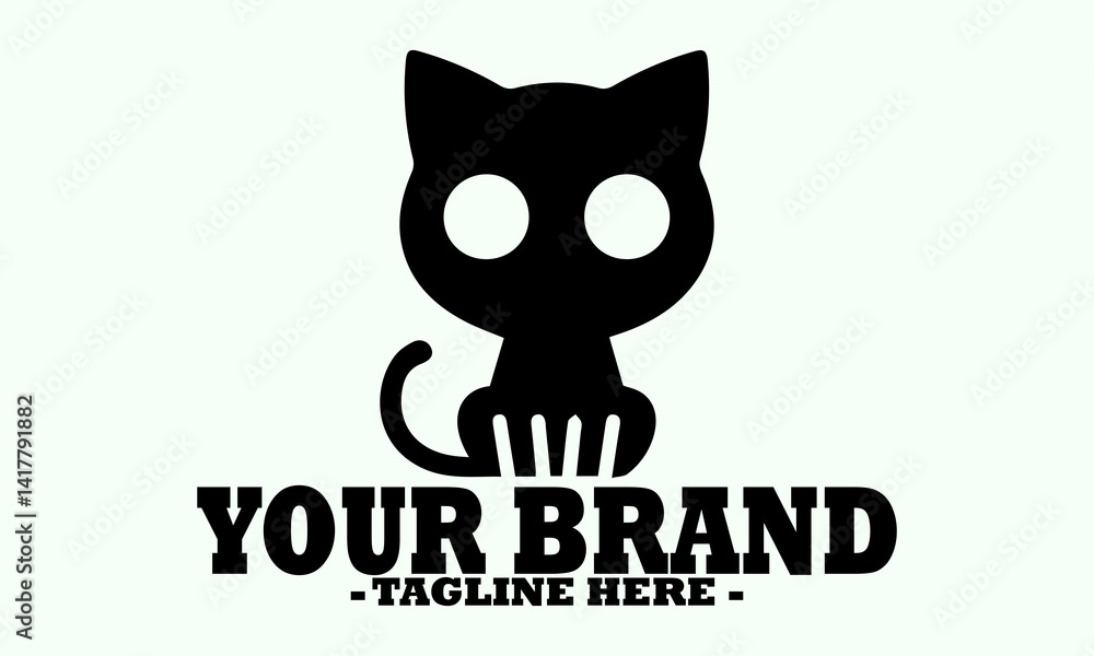 Abstract black silhouette of a cat furry creature's head with wide, expressive white eyes on a light background. cat silhouette vector, black and white, cat vector illustration cat logo design Abstract black silhouette of a cat furry creature's head with wide, expressive white eyes on a light background. cat silhouette vector, black and white, cat vector illustration cat logo design