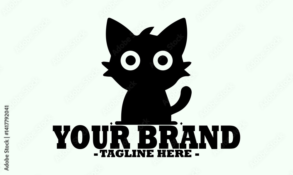 Naklejka premium Abstract black silhouette of a cat furry creature's head with wide, expressive white eyes on a light background. cat silhouette vector, black and white, cat vector illustration cat logo design