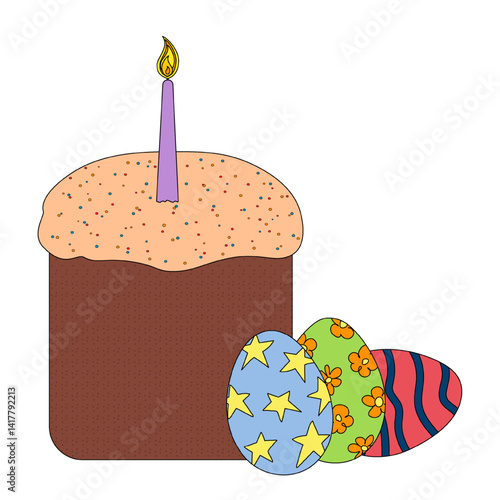 Traditional National Religious Easter cake - kulich - with icing, a lit candle, and colorful ornate eggs, symbol Easter celebration. Simple vector drawing with holiday baked goods on white background.