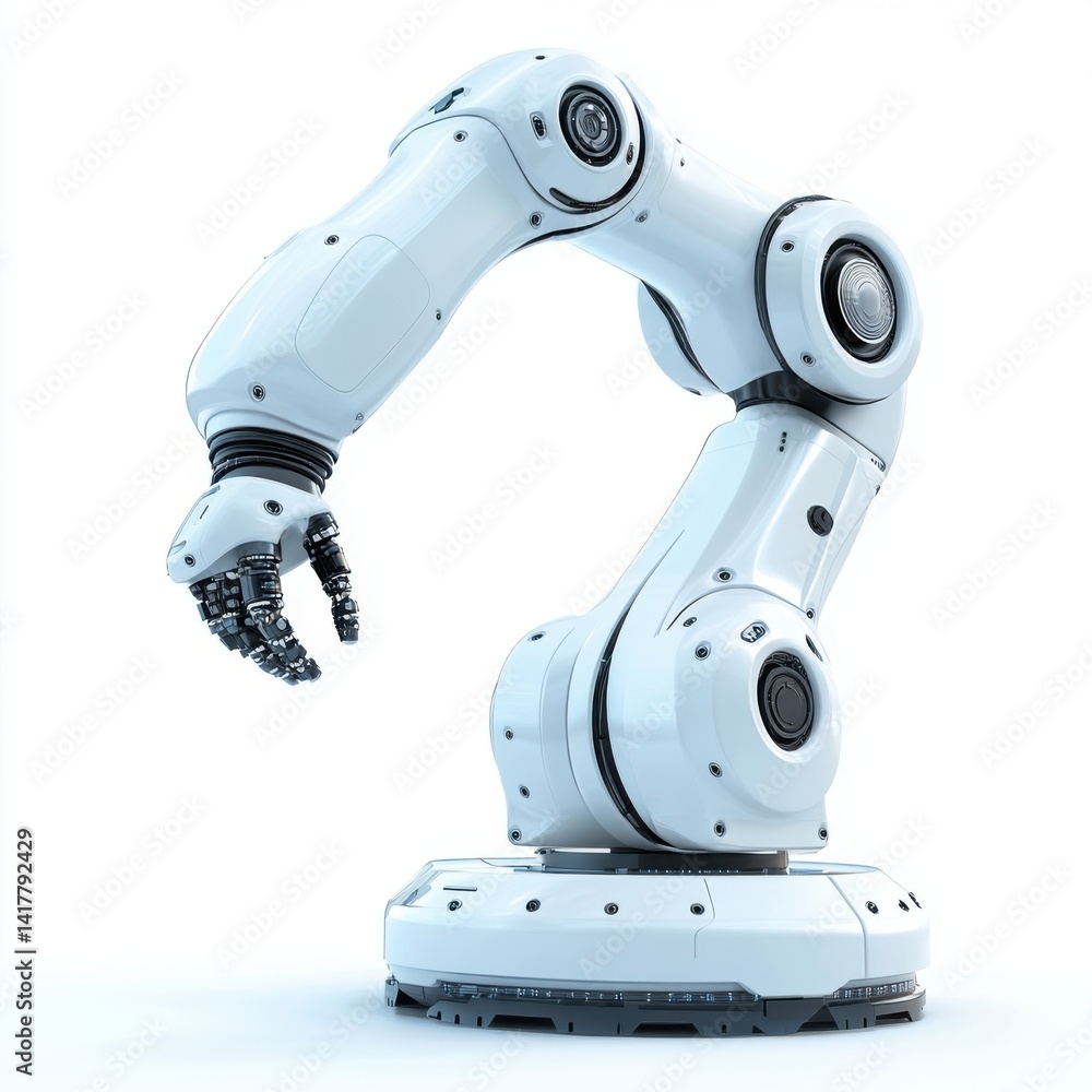 A white robotic arm with a hand extended, isolated on a white background. A white robotic arm with a hand extended, isolated on a white background.
