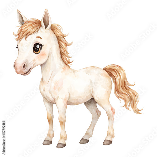 Cute Horse Side View Cartoon Style Isolated Hand Drawn Watercolor Painting Illustration