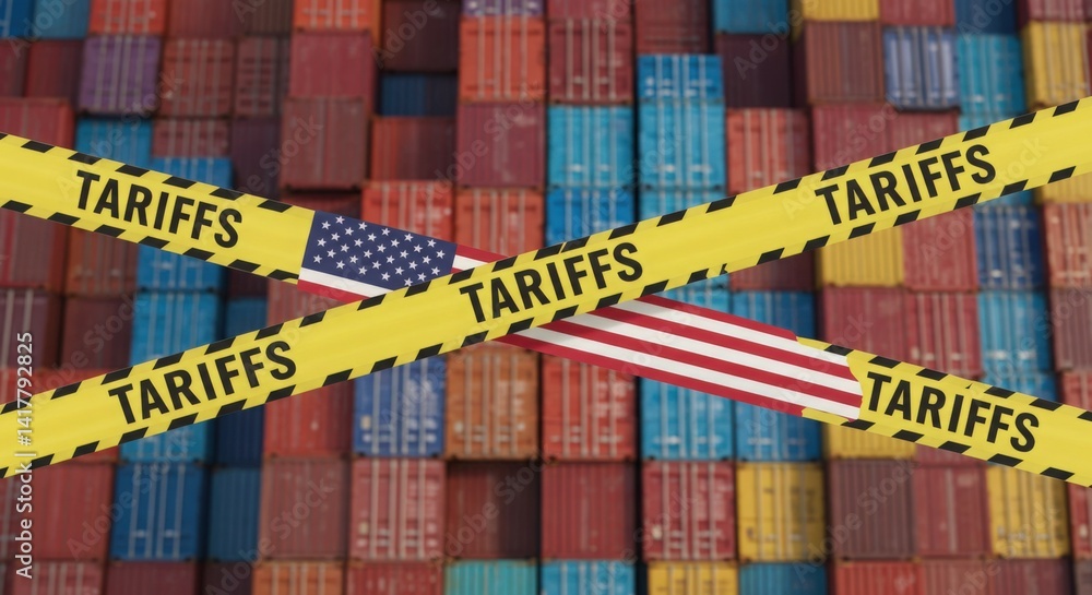 Fototapeta premium USA Tariffs Caution Tape Over Shipping Containers