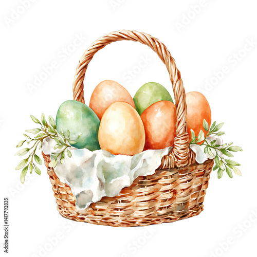 Eggs in Basket with Decorative Green Leaves Isolated Hand Drawn Watercolor Painting Illustration